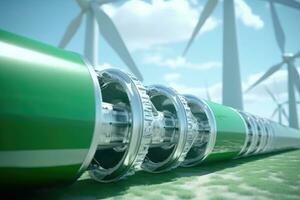 le concept de vert hydrogène production avec une proche - en haut coup de une hydrogène pipeline dans le premier plan et vent turbines dans le Contexte. génératif ai photo