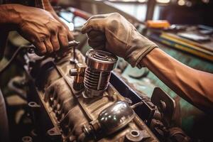 le compétence de un voiture mécanicien comme elles ou ils travail sur réparer une voiture moteur dans un automobile atelier. génératif ai photo