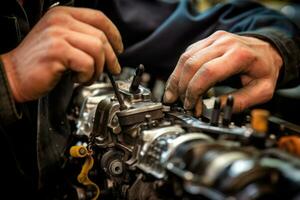 le compétence de un voiture mécanicien comme elles ou ils travail sur réparer une voiture moteur dans un automobile atelier. génératif ai photo