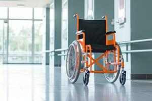 une proche - en haut de un vide fauteuil roulant dans une moderne hôpital couloir. génératif ai photo