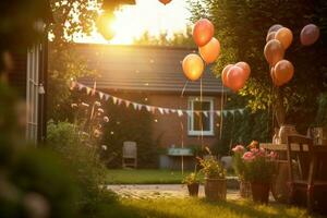 atmosphérique coup de une jardin anniversaire fête à le coucher du soleil. génératif ai photo