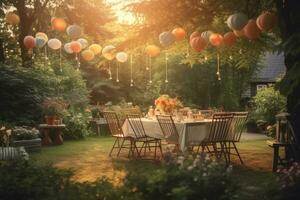 atmosphérique coup de une jardin anniversaire fête à le coucher du soleil. génératif ai photo