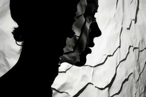 une silhouette de une diriger, moitié rempli avec froissé déchets papier, le autre moitié effusion sur le réfléchissant surface dessous. une photographier représentant le sentiment de anxiété. génératif ai photo