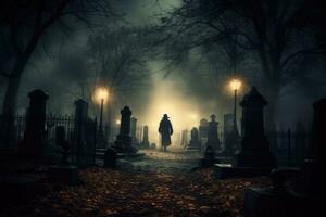 une proche - en haut photographier représentant une effrayant Halloween scène dans une sombre, éclairé par la lune cimetière. génératif ai photo