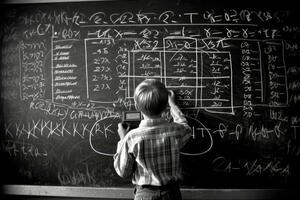 photo de une enfant dessin une tableau noir plein de complexe mathématique formules, prétendre à être une professeur. génératif ai