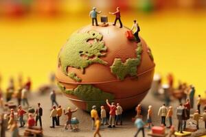 une foule coup de minuscule figurines de élèves et enseignants animé autour une globe, représentant une global Salle de classe. génératif ai photo