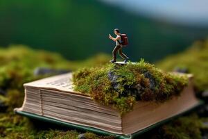 une macro coup de une miniature étudiant figurine trekking en haut une colline fabriqué de un ouvert livre. génératif ai photo