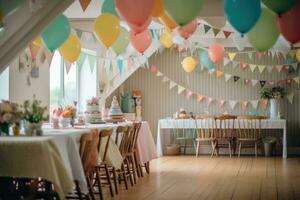 fête atmosphère avec une concentrer sur pastel des ballons et thème bébé décorations doublé en haut autour le chambre. génératif ai photo