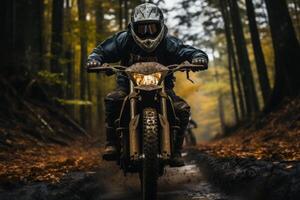 forêt Piste - une dynamique action coup de derrière de une moto cavalier navigation par une dense forêt piste. génératif ai photo