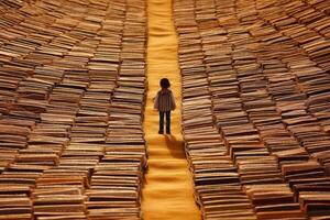 une enfant en marchant sur une route fabriqué de livre pages, de premier plan dans une horizon fabriqué de un ouvert livre. génératif ai photo