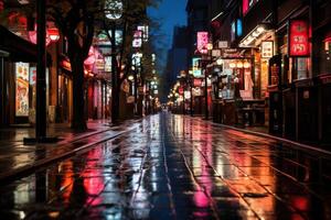 néon réflexion - pluvieux nuit dans une vibrant tokyo rue. génératif ai photo