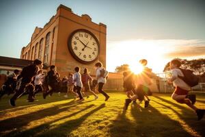 une massif alarme l'horloge dans une cour d'école avec les enfants vivement fonctionnement vers il. génératif ai photo