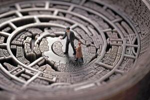 une miniature figure tenter à trouver leur façon par une la vie - taille labyrinthe gravée sur une globe. génératif ai photo