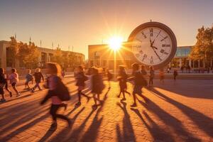 une massif alarme l'horloge dans une cour d'école avec les enfants vivement fonctionnement vers il. génératif ai photo