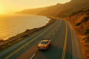 une classique voiture disques vers le bas une côtier Autoroute à le coucher du soleil. génératif ai photo