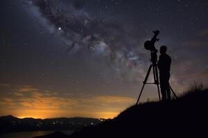 une stargazer perchoirs sur une colline, le sien télescope pointu vers le nuit le ciel céleste corps. génératif ai photo