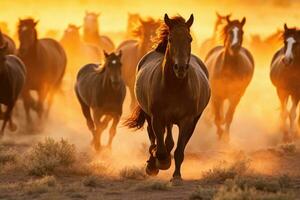 une troupeau de sauvage les chevaux galope librement à travers une prairie, poussière en hausse dans leur réveiller en dessous de le réglage Soleil. génératif ai photo