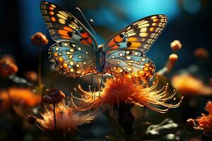 proche - en haut coup de une sauvage papillon repos sur une vibrant fleur. génératif ai photo
