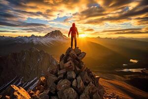 sur une brumeux matin, une seul promeneur des stands sur une Montagne culminer. génératif ai photo