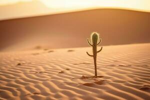 dans le dur désert en dessous de une brûlant soleil, une seul cactus des stands grand. génératif ai photo