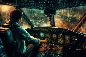 dans le haute - technologie cockpit de un avion, une pilote habilement navigue par une tempête. génératif ai photo