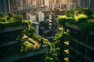 dans le cœur de une ville, une toit jardin prospère, offre une vert oasis au milieu de le béton structures. génératif ai photo