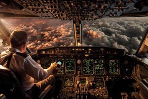 dans le haute - technologie cockpit de un avion, une pilote habilement navigue par une tempête. génératif ai photo