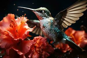 colibri alimentation sur une vibrant hibiscus fleur dans une haute vitesse macro tir. génératif ai photo
