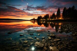 longue exposition coup de une étoilé nuit ciel plus de une tranquille lac, le étoiles' les sentiers. génératif ai photo