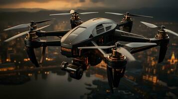 une Célibataire planant drone contre une monochrome ville ligne d'horizon. génératif ai photo