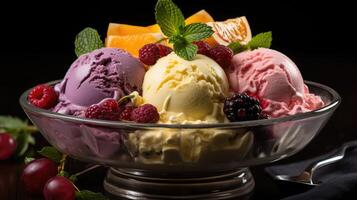 moyen tir, une bol de italien glace, boules de différent les saveurs. génératif ai photo