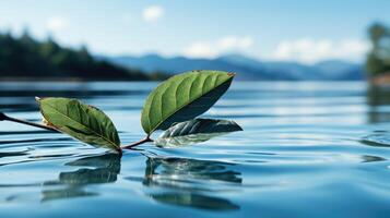 une Célibataire feuille flottant sur une à la perfection encore l'eau surface. génératif ai photo