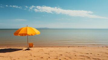 minimaliste tir, Célibataire Jaune parapluie sur une déserté plage. génératif ai photo