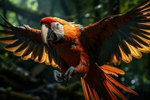 coloré ara prise vol dans une éloigné amazone forêt tropicale. génératif ai photo