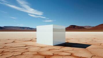 minimaliste tir, Célibataire blanc cube permanent dans une désert. génératif ai photo