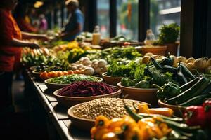 une animé Les agriculteurs marché, Lignes de coloré des fruits, légumes, et local marchandises affiché. génératif ai photo