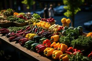 une animé Les agriculteurs marché, Lignes de coloré des fruits, légumes, et local marchandises affiché. génératif ai photo