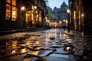 un antique européen ville centre, pavé des rues humide de une récent pluie, reflétant doux lumières de proche lanternes. génératif ai photo