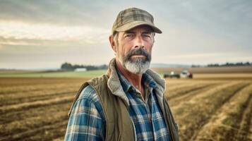 agriculteur permanent dans de face de le champ photo