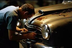 une mécanicien se resserre une boulon sur une classique voiture dans une garage, le sien mains sale et cicatrisé de difficile travail. génératif ai photo
