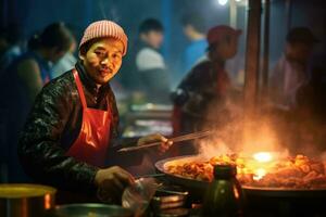 sur une animé rue marché dans sud-est Asie, une vendeur est en train de préparer traditionnel rue nourriture en dessous de le chaud lueur de pendaison lanternes. génératif ai photo