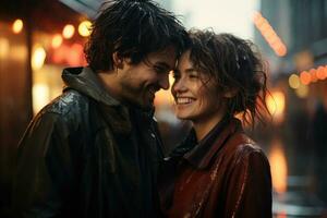 une couple danses dans le pluie dans le ville carré. génératif ai photo