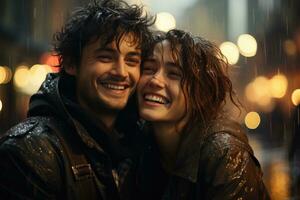 une couple danses dans le pluie dans le ville carré. génératif ai photo