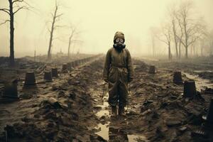 une soldat regarde à une bombardé champ de bataille. nucléaire guerre. génératif ai photo
