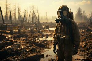 une soldat regarde à une bombardé champ de bataille. nucléaire guerre. génératif ai photo