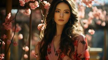 une 25 ans vieux Japonais femme avec longue noir cheveux et une traditionnel kimono. elle est permanent dans une magnifique Japonais jardin, entouré par Cerise fleurs. photo