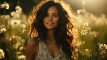 magnifique femme posant en riant dans une champ de blanc marguerites. photo