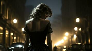 une femme dans une noir robe des promenades vers le bas une vaguement allumé rue. photo