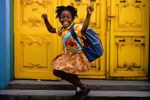 une vibrante coloré, photo de une Jeune étudiant fille avec une radieux sourire, en portant en haut sa nouveau, vivement - à motifs sac à dos. génératif ai