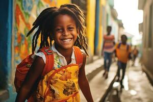 une vibrante coloré, photo de une Jeune étudiant fille avec une radieux sourire, en portant en haut sa nouveau, vivement - à motifs sac à dos. génératif ai